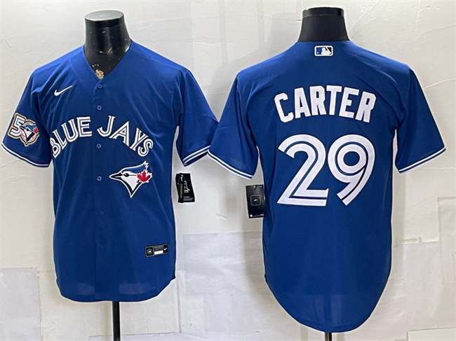 Men's Toronto Blue Jays #29 Joe Carter Royal 50 Seasons Patch Stitched Baseball Jersey